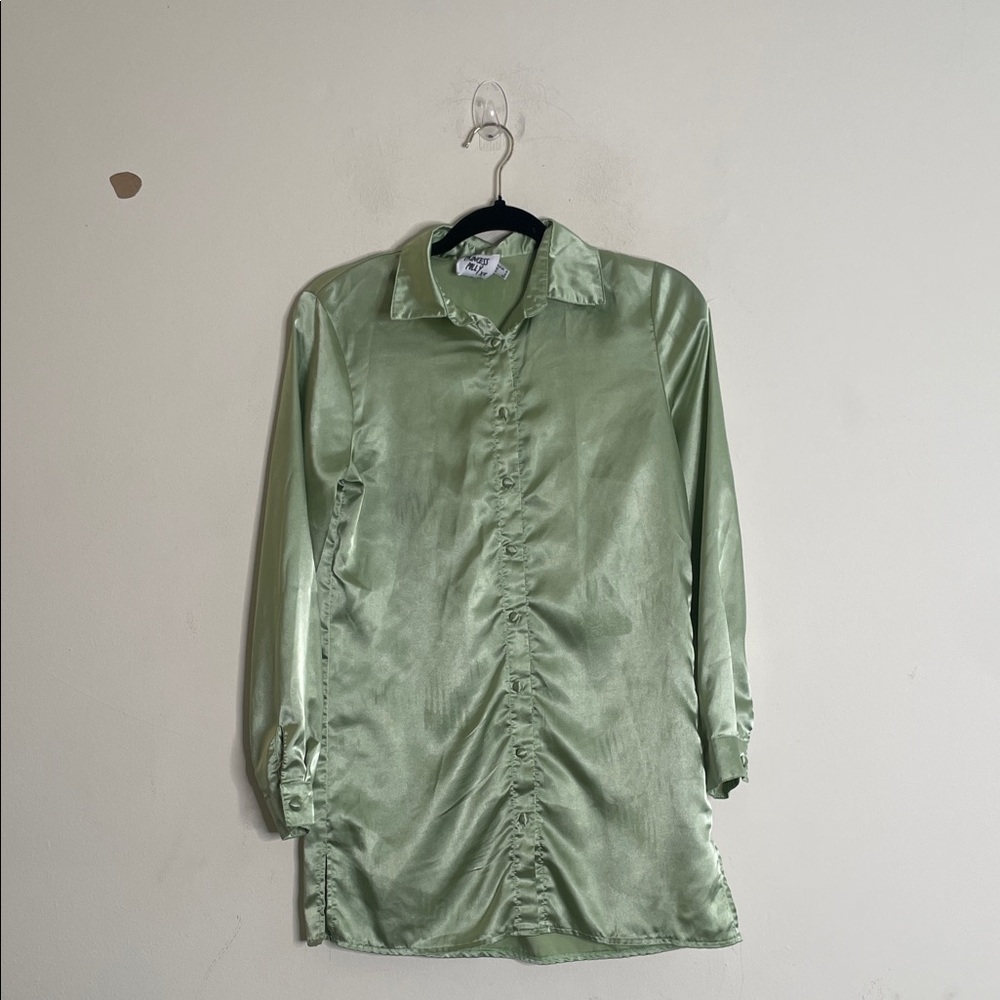 Princess Polly Light Green Satin Ruched Button-Front Blouse